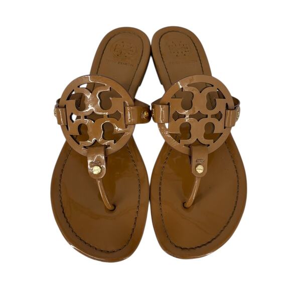 Tory Burch Miller Thong Sandals Tan Patent Leather Size 9.5 M Designer - Picture 1 of 9